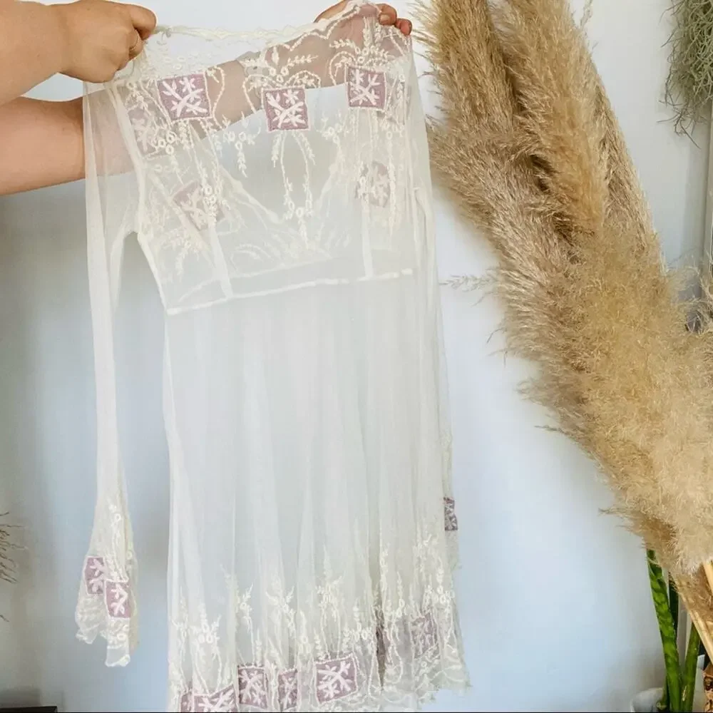 FREE PEOPLE White Soft Pink Sheer Mesh Long Sleeve Mini Dress Slip Tunic Top XS